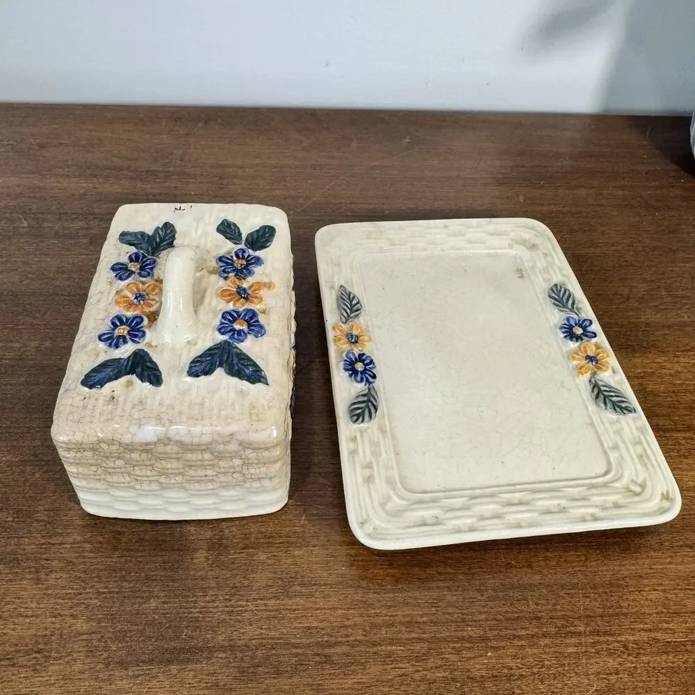 Vintage Butter Dish with Lid & Handle Cream Ceramic Toasty Crazing